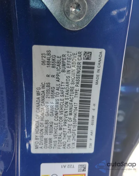 2023 Honda Civic Si из США, поврежденный, VIN 2HGFE1E59PH475417